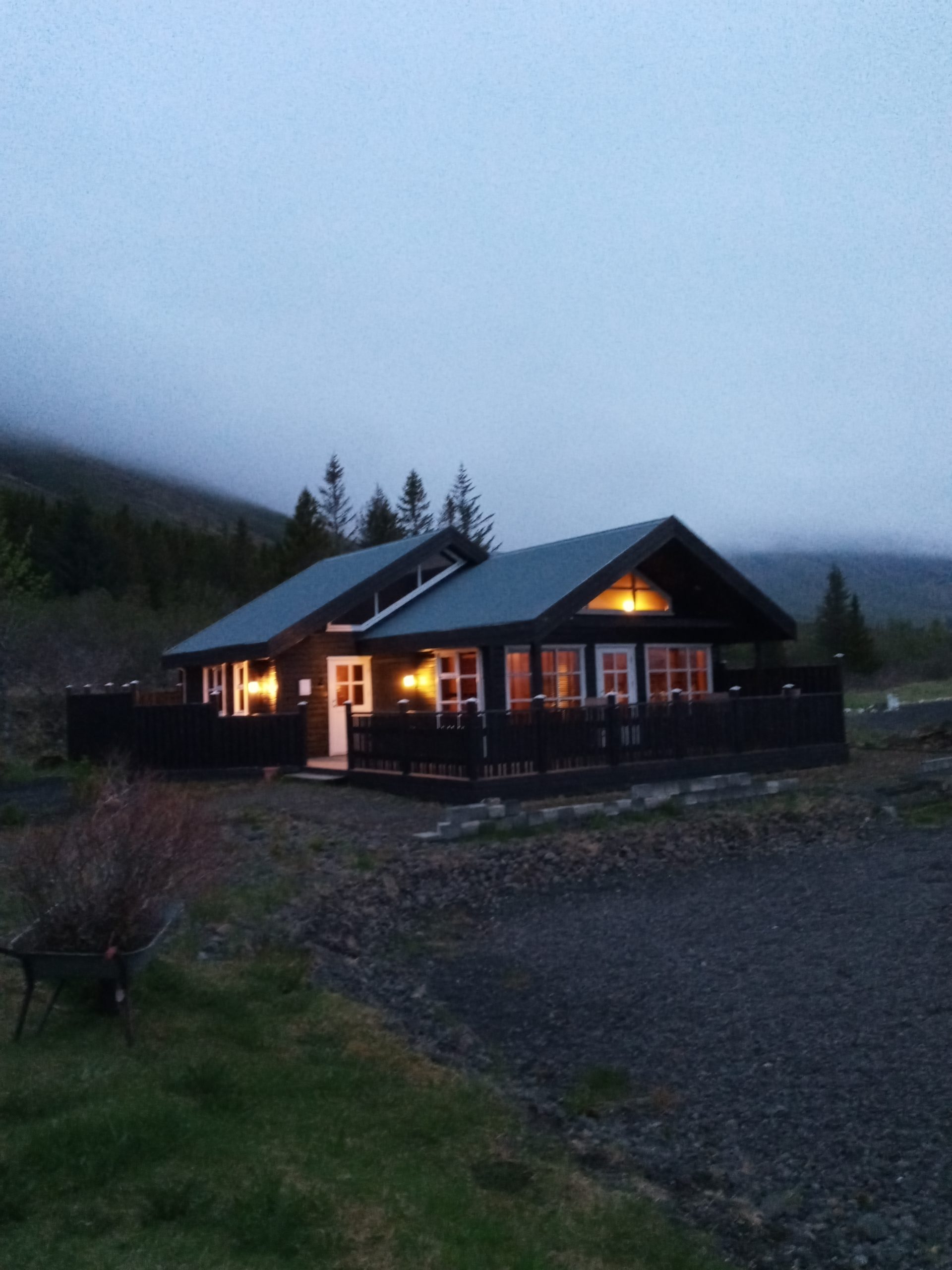 Cabin at night at Gullkistan, Iceland